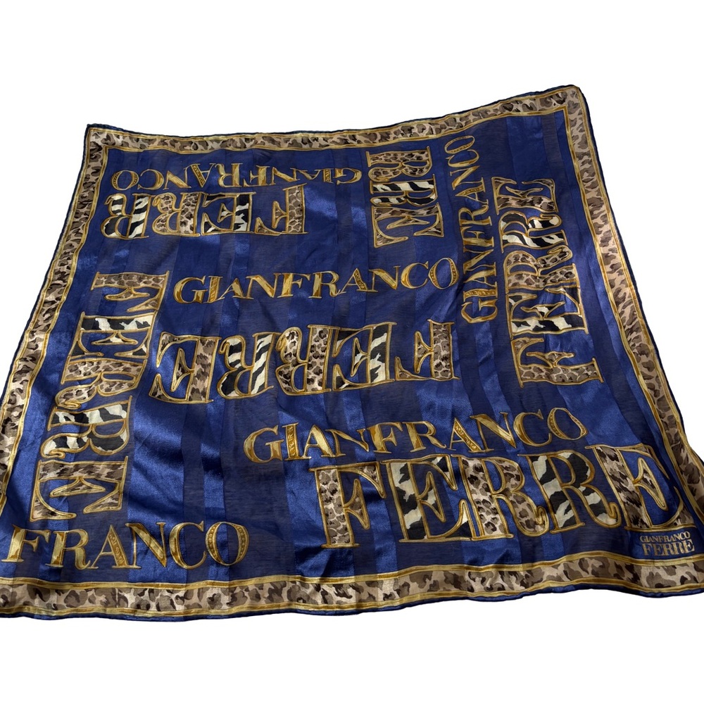 Gianfranco Ferré Vintage Logo Scarf, Navy Silk Leopard Print, 90s Italian Design - Picture 1 of 4